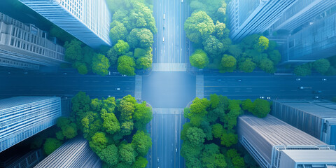 Aerial view of a busy city intersection surrounded by greenery