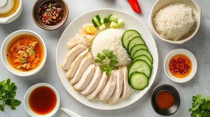 Fototapeta premium Detailed top view of Hainanese chicken rice with poached chicken, aromatic rice, cucumber slices, clear soup, and dipping sauces, bright light enhancing the vibrant colors and textures, fresh and