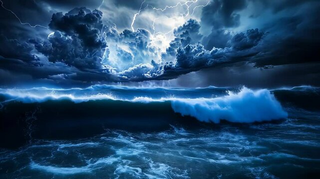 Stormy ocean waves under dramatic lightning-filled clouds, night seascape. Nature's power and awe concept