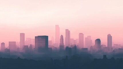 Urban landscape showing many skyscrapers of different shapes and sizes, surrounded by fog during a colorful pink sunset