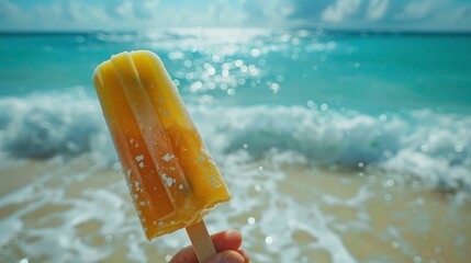 A close-up shot of a person holding a melting popsicle against a sunny beach background, with the ocean waves gently crashing in the distance. The popsicle's vibrant color contrasts beautifully with