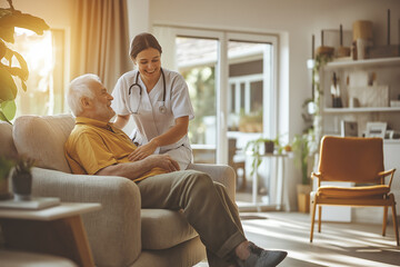 Obraz premium Nursing home assistance, smiling caregiver support health care to elderly senior patient in living room. Healthcare and medicare concept