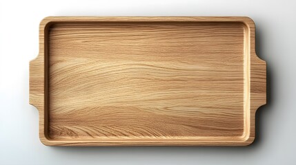 Top view of a blank wooden serving tray, light oak wood with a smooth texture, bright and even lighting, minimalist and clean design, sharp shadow lines, serene and modern mood, high-resolution