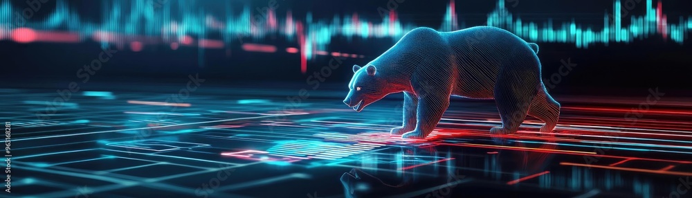 Poster a digital bear on a vibrant graph background symbolizes market trends and data analysis in a modern,