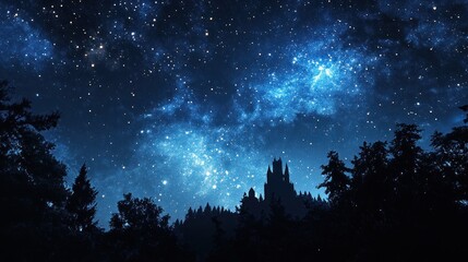 Fototapeta premium Night Sky with Stars Over a Forest and Castle