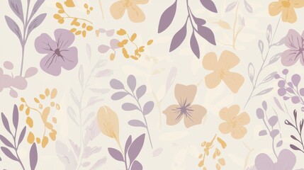 Charming pastel floral pattern for textiles, wrapping paper, and more. Delicate design with purple, yellow, and white flowers and leaves. Perfect for spring and summer projects