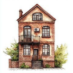 Watercolor Illustration: Duplex Industrial House on White Background