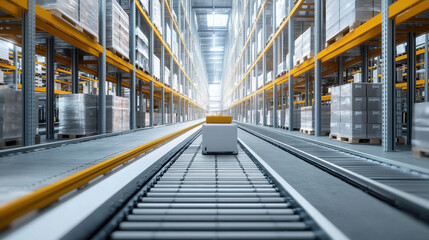 Fototapeta premium Automated Warehouse, 3D illustration of an automated warehouse system demonstrating high efficiency and streamlined operations for improved productivity