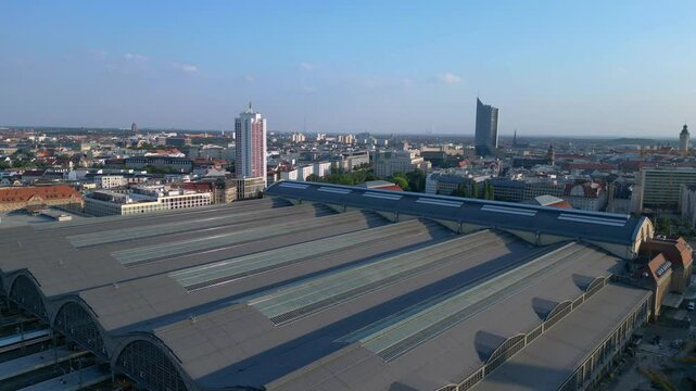 Leipzig central Terminus station, platform. Perfect aerial view flight drone