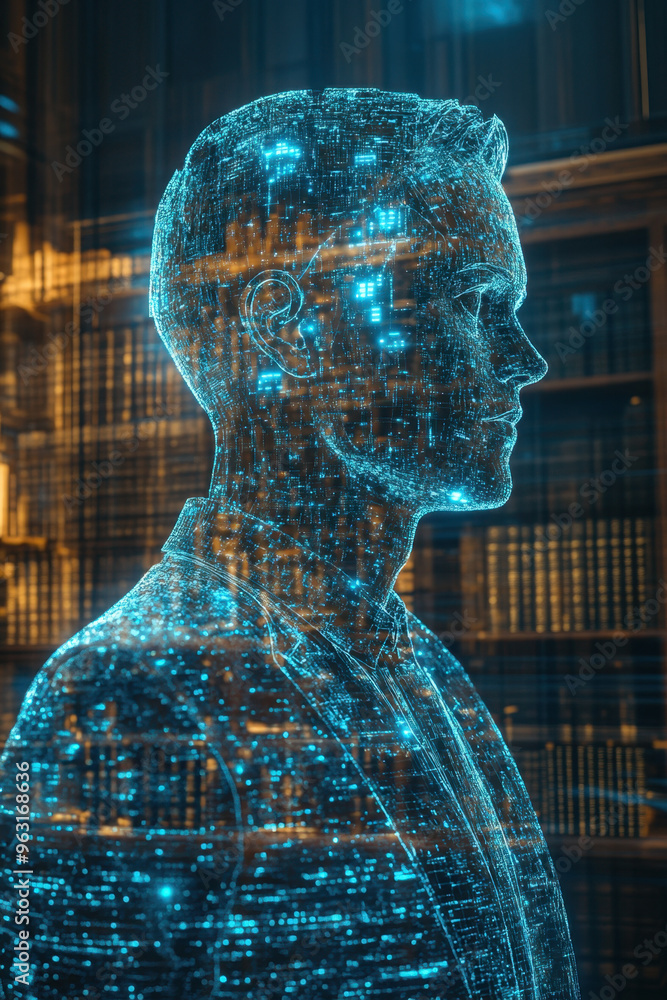 Poster legal technology, advanced legal analysis using ai, displayed in 3d holograms, integrating innovativ
