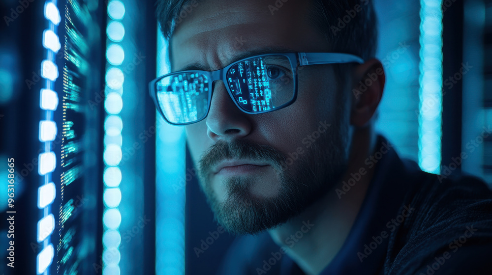 Poster ai cyber security, a male it specialist examines data related to privacy leaks and cybersecurity thr