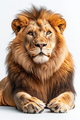 Fototapeta premium Adult Lion, A male adult lion is lying down, showcasing its majestic mane and powerful physique, isolated on a white background for clear visibility