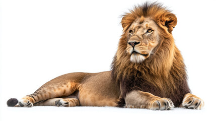 Adult Lion,  A male adult lion is lying down, showcasing its majestic mane and powerful physique, isolated on a white background for clear visibility