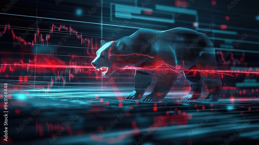 Poster a futuristic bear symbolizing market trends stands against a digital background with stock data and 