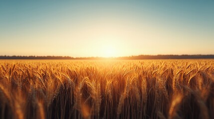 Obraz premium Golden wheat field at sunset with sun shining through the stalks.
