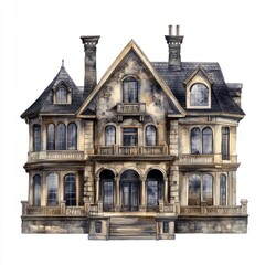 Futuristic Mansion Watercolor Painting - Isolated White Background Illustration