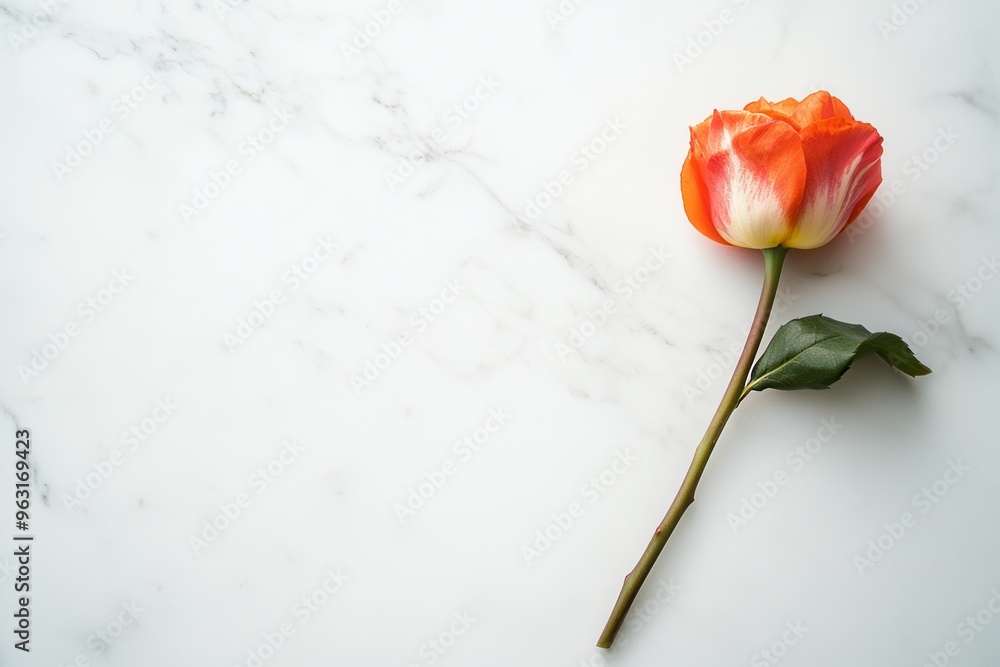 Poster an elegant orange tulip lies flat on a pristine white marble surface, highlighting its beauty and si