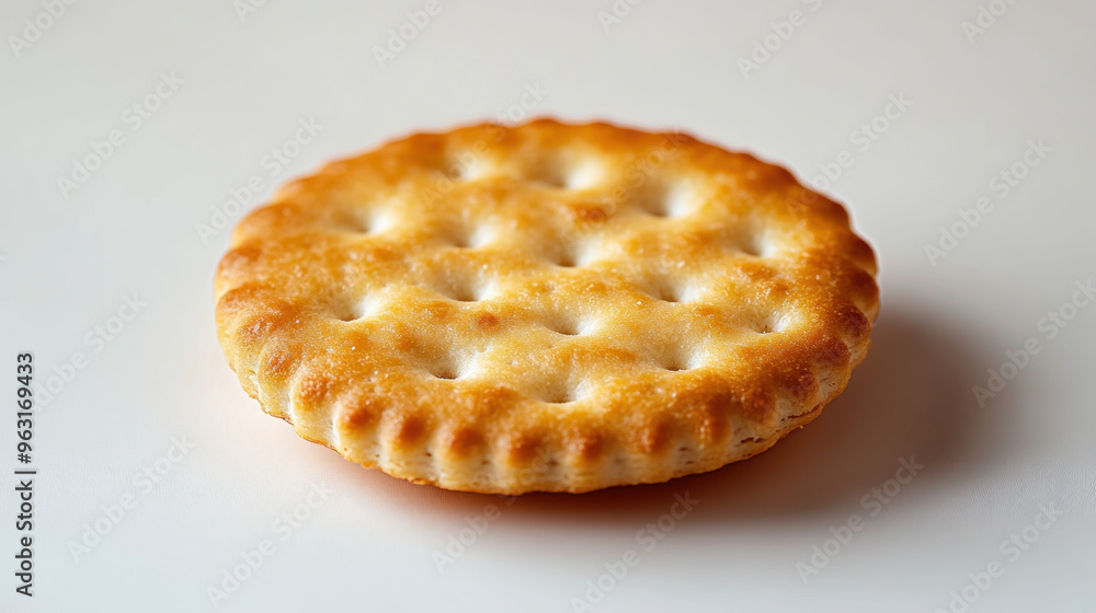 Poster round cracker, a solitary round cracker on a white background, showcasing its texture and shape in f