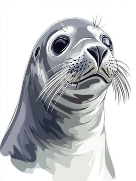 recommend clip art: Vector design of a seal head in pastel gray and white using clean bold outlines