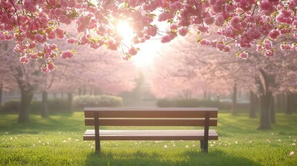 Fototapeta premium A serene park scene featuring a wooden bench under blooming cherry trees, bathed in warm sunlight, ideal for relaxation.