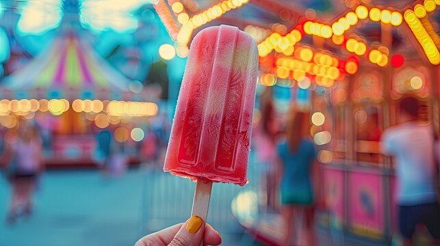 A close-up of a hand holding a popsicle against a backdrop of a carnival, with bright lights and rides in the background. The festive atmosphere and colorful treat convey the excitement of summer