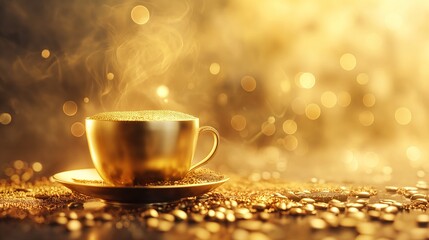 Gold cup with steaming fresh coffee on a golden background with copy space