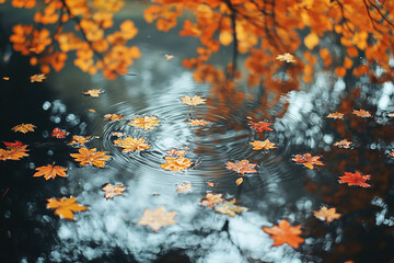 autumn leaves, autumn yellow leaves in water against the background of yellow autumn trees