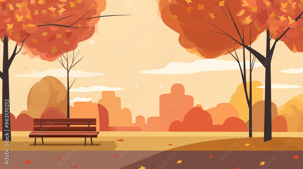 Sticker Fall Landscape With Park Bench And Orange Foliage