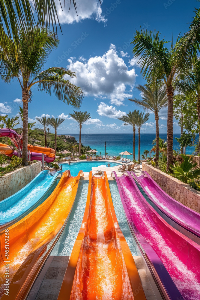 Poster tropical pool slides, brightly colored water slides at a tropical poolside, surrounded by palm trees