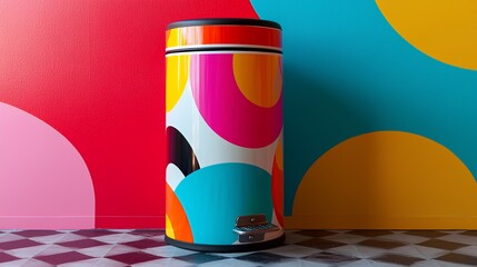 Fototapeta premium Colorful trash can with geometric pattern on a red, blue, pink and yellow background.