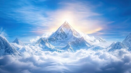 A breathtaking mountain peak rising majestically above a sea of clouds, illuminated by a warm sunrise, evoking tranquility and awe.
