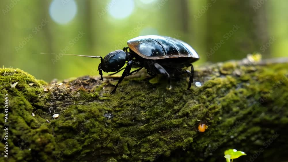 Poster Slow tracking video following the insect. Dappled forest light. Macro video of a beetle crawling on a mossy log in a temperate forest. Afternoon with filtered sunlight.