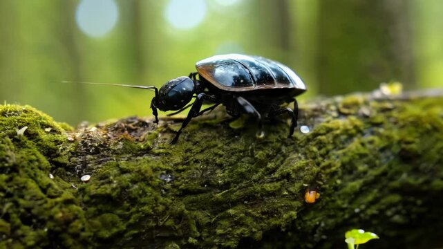 Slow tracking video following the insect. Dappled forest light. Macro video of a beetle crawling on a mossy log in a temperate forest. Afternoon with filtered sunlight.