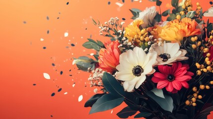 Bright bouquet of white and yellow flowers with green leaves and confetti on an orange gradient background. Festive horizontal banner mockup with copy space for greeting card or floral advertisement.
