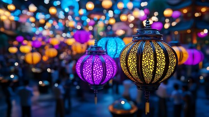 Fototapeta premium Lanterns light up the night, surrounded by a soft bokeh glow of ambient lights.