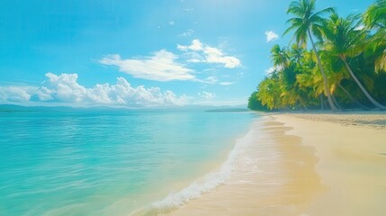 A serene beach scene with clear turquoise water, soft sand, and lush palm trees under a bright blue sky.