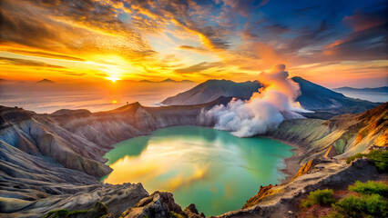 Naklejka premium Crater of Kawah Ijen volcano with sunrise sky in the morning