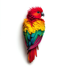 Vibrant multicolored parrot perched on a white background displaying bright feathers in red, yellow, green, and blue shades.