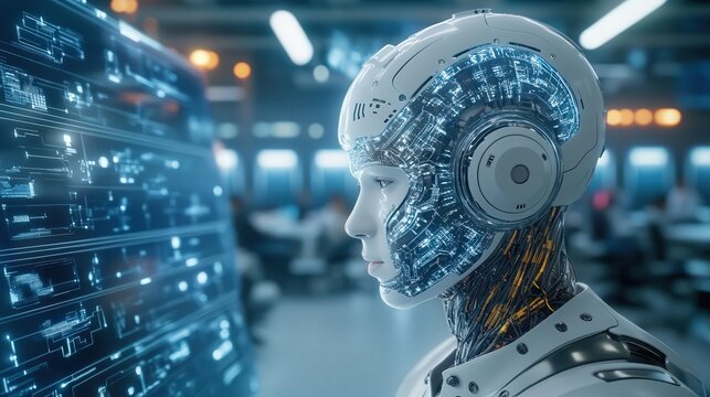 Futuristic robot head profile with intricate circuitry, symbolizing advanced technology and artificial intelligence.