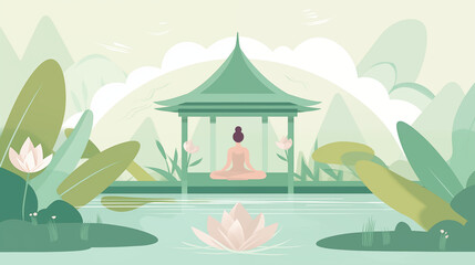 Meditation Pavilion in Lush Green Garden with Water Lily Reflection