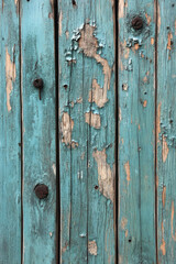 Naklejka premium Weathered Wooden Plank, Flat lay image of a rustic wooden plank with peeling paint, showcasing a vintage and distressed appearance, perfect for various design projects