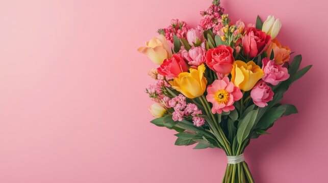 Colorful bouquet of pink tulips and yellow daffodils on a soft pink background. Flat lay, top view floral banner with copy space, perfect for greeting cards, spring ads, or flower shop promotions.