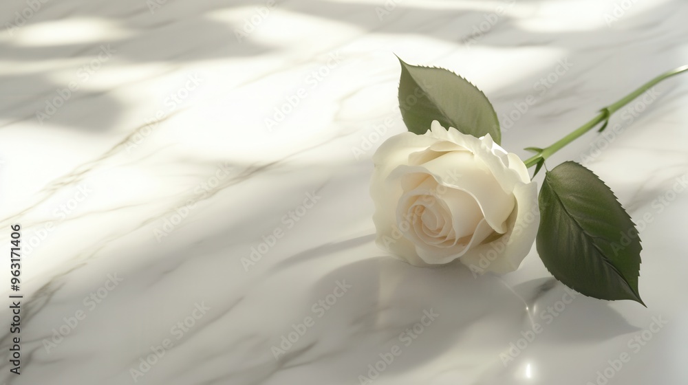Poster a delicate white rose rests on a smooth white marble surface, showcasing elegant curves and soft sha