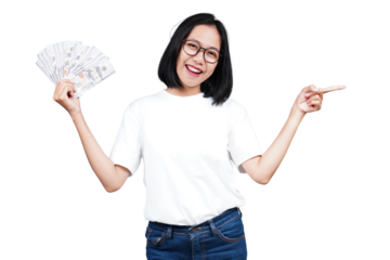 An asian woman holding money and pointing isolated transparent