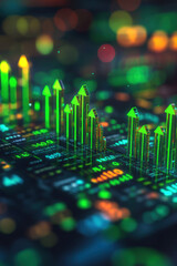 Productivity Report,  A 3D rendering of a corporate efficiency report featuring green arrows, clearly illustrating productivity gains and improvements