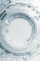Abstract grey and white technology background with various tech elements, featuring circular space