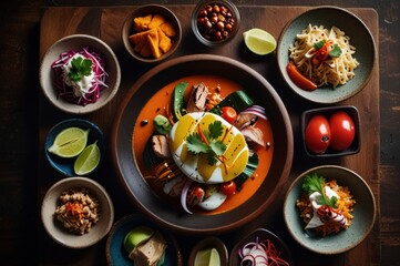 Gourmet Peruvian Dishes in Stylized Overhead View Modern Culinary Presentation Ai Generated