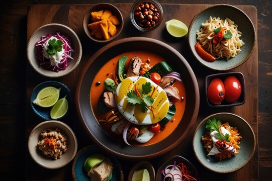 Gourmet Peruvian Dishes in Stylized Overhead View Modern Culinary Presentation Ai Generated