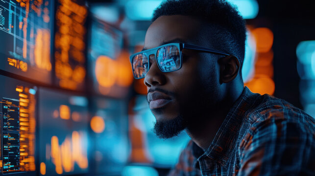 AI Cybersecurity Analyst,  A Black male IT specialist reviews data on cybersecurity threats and privacy leaks using augmented reality technology for effective analysis