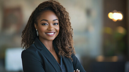 Obraz premium Businesswoman is smiling while standing in an office building with her arms crossed